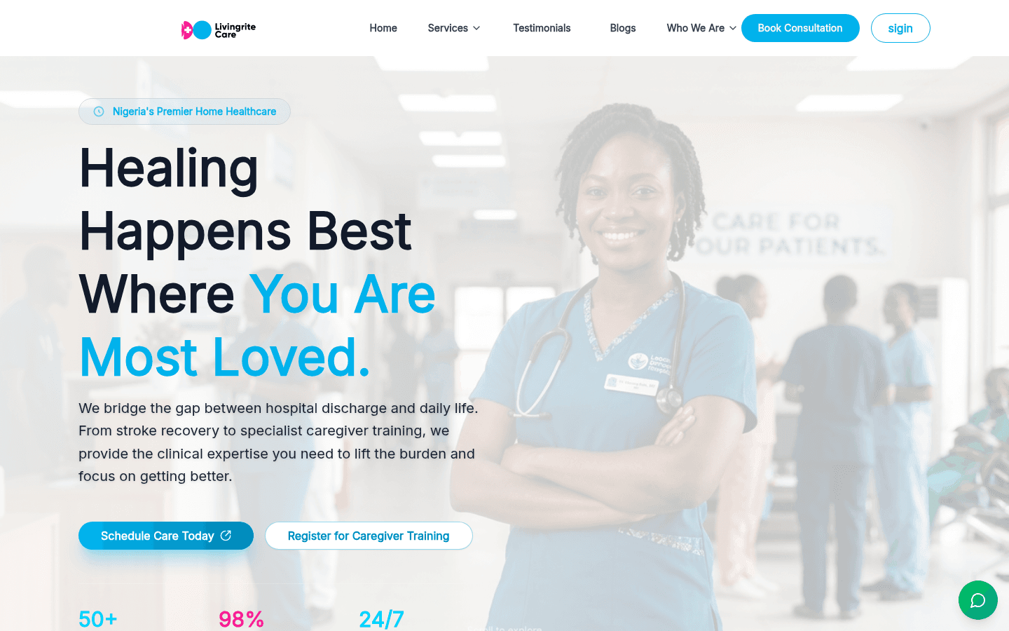 LivingRite Care: The digital home of a Nigerian home-healthcare provider offering post-stroke recovery, ICU care, physiotherapy and palliative support.
